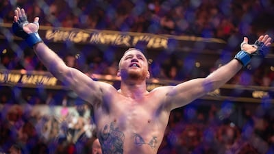 SALT LAKE CITY, UT - JULY 29: Justin Gaethje celebrates beating Dustin Poirier during their BMF Title Lightweight fight at UFC 291 at the Delta Center July 29, 2023 at the in Salt Lake City, Utah. Chris Gardner / Getty Images / AFP (Photo by CHRIS GARDNER / GETTY IMAGES NORTH AMERICA / Getty Images via AFP)