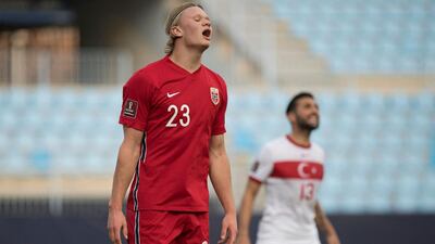 A frustrated Erling Braut Haaland during Norway's 3-0 World Cup qualifying defeat against Turkey in Malaga on March 27. AFP