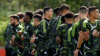 Manchester United's Cristiano Ronaldo and teammates during training. Reuters