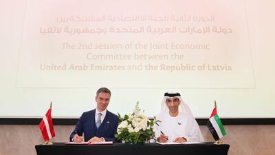 Minister of State for Foreign Trade, Dr Thani bin Al Zeyoudi and Raymonds Lapins, Deputy Minister of State at the Latvian Ministry of Economy. Photo: Wam