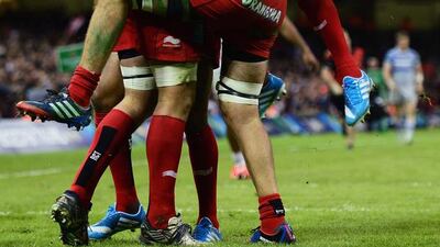 Bakkies Botha, left, of Toulon celebrates with team mates during the European Cup final against Saracens on Saturday night. Jamie McDonald / Getty Images