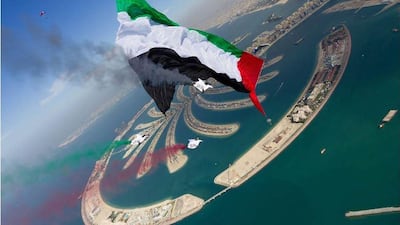 The UAE holds the world record for the largest flag flown during a skydive, achieved in Dubai in December 2018. Courtesy Guinness