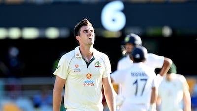 Pat Cummins looks frustrated after Washington Sundar hits a six during day five of the 4th Test. Getty Images