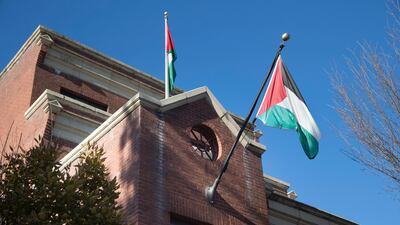 Palestinian flags fly at the office of the Palestine Liberation Organisation (PLO) in Washington on November 24, 2017. Michael Reynolds / EPA