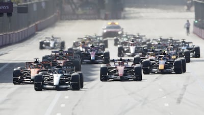 Mercedes driver George Russell leads at the front following the start in Baku. EPA