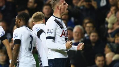 Toby Alderweireld of Tottenham celebrates scoring the Spurs’ second goal in their 4-1 win over West Ham United at White Hart Lane in London. Clive Rose / Getty Images