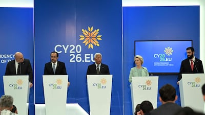 From left, Mr Aoun, Mr Christodoulides, Mr Costa, European Commission President Ursula von der Leyen, and Mr Al Shara address a news conference. AFP