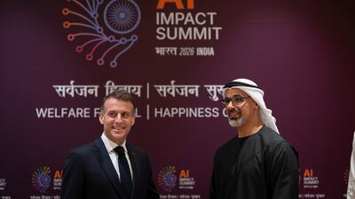 Sheikh Khaled bin Mohamed, Crown Prince of Abu Dhabi, with French President Emmanuel Macron at the summit. Photo: Abu Dhabi Media Office