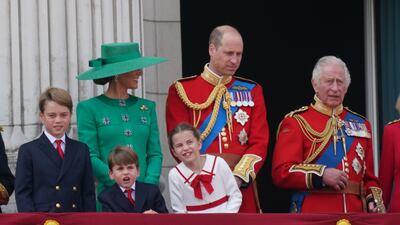 From left: Prince George, the Princess of Wales, Prince Louis, the Prince of Wales, Princess Charlotte and King Charles III on the balcony of Buckingham Palace. PA