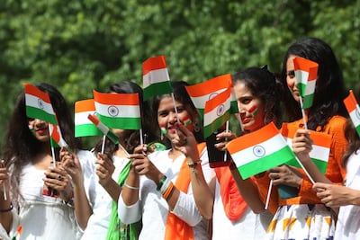 Indian girls with their faces painted with Indian flag colours in Bhopal. Sanjeev Gupta / EPA