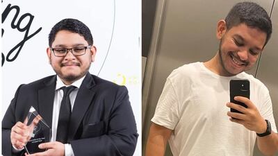 Ismaeel Naar in 2016, left, and in 2021 following his surgery. Ismaeel Naar / The National