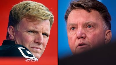 Eddie Howe, Bournemouth manager, and Louis van Gaal, manager of Manchester United. (Stu Forster / Getty Images and Oli Scarff / AFP)