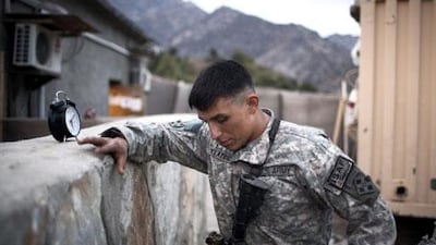 A soldier at the Korengal Outpost, where Junger was embedded. Last month US forces withdrew from the valley.