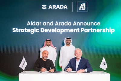 Aldar and Arada executives at the signing of the agreement. The new developments mark Arada’s entry into Abu Dhabi as it continues to expand in the UAE. Photo: Aldar