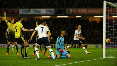 WATFORD, ENGLAND - DECEMBER 28: Son Heung-min of Tottenham Hotspur scores his team's second goal during the Barclays Premier League match between Watford and Tottenham Hotspur at Vicarage Road on December 28, 2015 in Watford, England. (Photo by Richard Heathcote/Getty Images)