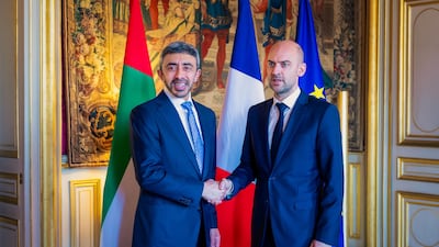 Sheikh Abdullah bin Zayed, Deputy Prime Minister and Minister of Foreign Affairs, meeting Jean-Noel Barrot, French Minister for Europe and Foreign Affairs, in Paris. Wam