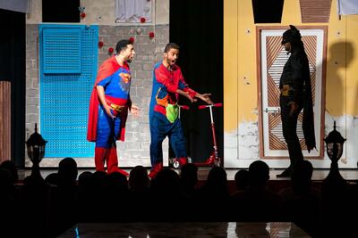 Qasim Rashad and Raed Taha play batman and spiderman in the play Ala Hurkruk. Courtesy Adenum productions