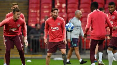 Lionel Messi takes part in a team training session at Wembley Stadium. AFP