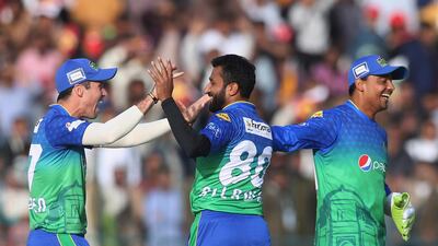 Multan Sultans pacer Bilawal Bhatti celebrates the dismissal of Jason Roy on Saturday. AP