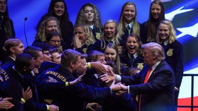 US President Donald Trump greets students before he speaks to the Future Farmers of America convention at the Banker's Life Fieldhouse in Indianapolis, Indiana, USA. Trump has been criss-crossing the country holding rallies ahead of the Mid-Term elections scheduled for November 6. EPA