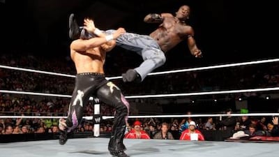 Another one bites the dust as R-Truth executes a devastating airborne manoeuvre. Courtesy WWE