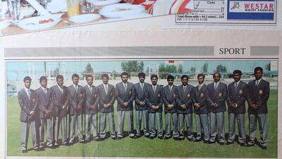 An old photo of the 1996 UAE Cricket World Cup team and Mohammed Ishaq, third from left.