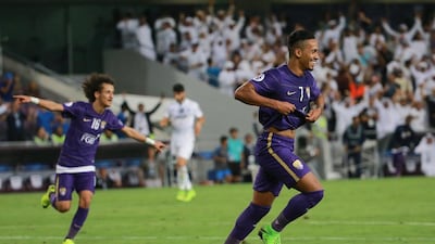 Al Ain's Caio, right, celebrates one of his two goals which helped Al Ain to a 6-2 victory over Esteghlal at Hazza Bin Zayed Stadium on May 29, 2017. Photo courtesy Aletihad