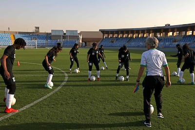 German coach Monika Staab leads a training session at Prince Faisal bin Fahad stadium in Riyadh on November 2, 2021. AFP