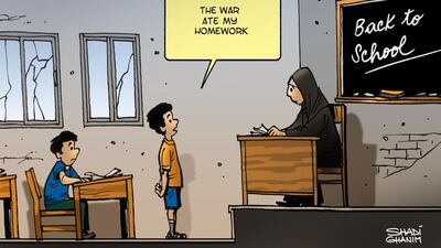Shadi Ghanim is away on leave. While he is on holiday, The National is publishing a selection of his best work over the past year. Today’s cartoon was originally published last September, when children were going back to school in Gaza after a summer of conflict.
