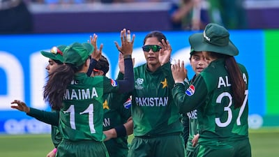 Pakistan's players celebrate the dismissal of India's Smriti Mandhana, caught by Tuba Hassan off the bowling of Sadia Iqbal for 7. AFP