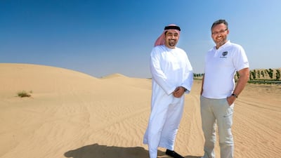 The two men behind the Zarooq Sand Racer, the first car specifically designed for the UAE desert, Mohammed Al Qadi and Iannis Mardell. Victor Besa for The National.