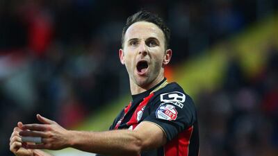 Marc Pugh of Bournemouth celebrates as he scores their first goal in a 3-0 Championship win over Bolton on Monday night. Charlie Crowhurst / Getty Images