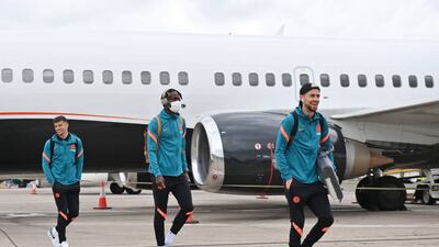 Jorginho, Trevoh Chalobah and Mason Mount of Chelsea arrive in Belfast for the Super Cup match against Villarreal.