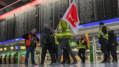 Airport workers strike at Frankfurt Airport, Germany. Thousands of flights were cancelled across the country on Friday as workers walked out. AP