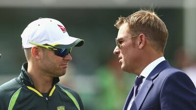 Michael Clarke speaks to former Australia bowler Shane Warne. Ryan Pierse / Getty Images