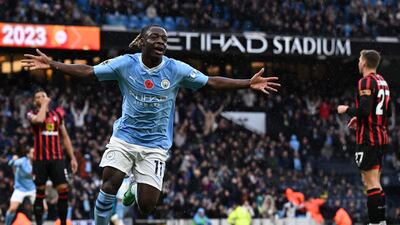 Jeremy Doku celebrates scoring Manchester City's opening goal. AFP