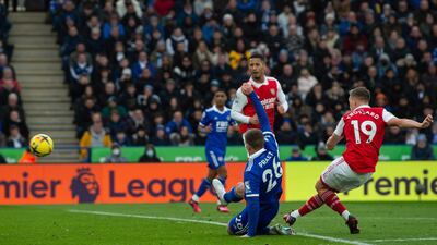 Arsenal's Leandro Trossard scores a goal that was later disallowed by VAR due to a foul in the build up. EPA