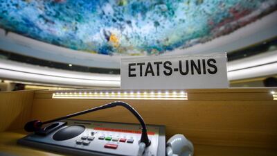 The US name plate reading Etats-Unis in French is photographed one day after the United States announced its withdrawal at the 38th session of the UN Human Rights Council. EPA