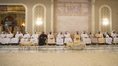 Sheikh Mohammed bin Zayed, Crown Prince of Abu Dhabi Deputy Supreme Commander of the Armed Forces, speaks with Sheikh Hamad bin Mohammed Al Sharqi, Ruler of Fujairah, while offering condolences to the family of Sheikh Hamdan bin Rashid bin Hamdan bin Mohammed Al Nahyan with numerous, sheikhs and officials. Mohamed Al Hammadi / Crown Prince Court - Abu Dhabi