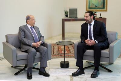 Lebanon's caretaker Prime Minister Saad Hariri meets President Michel Aoun at the presidential palace in Baabda. Dalati and Nohra, HO