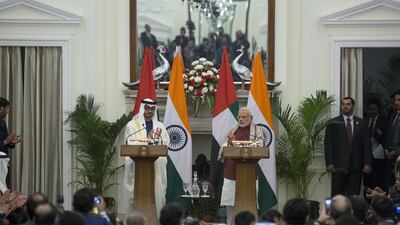 Sheikh Mohammed bin Zayed and Indian prime minister Narendra Modi, right, witness the exchange of several memorandum of understandings, at Hyderabad House, India in February. Philip Cheung / Crown Prince Court — Abu Dhabi
