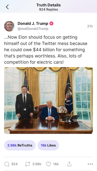 Donald Trump assailed Tesla Founder Elon Musk on the former US president's Truth Social platform. Screengrab / Truth Social