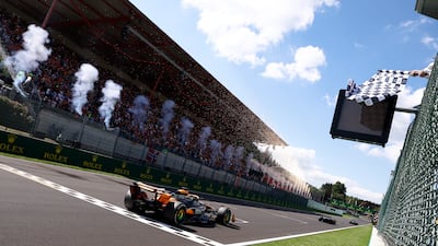Mercedes' George Russell takes to chequered flag to win the Belgian Grand Prix at Spa-Francorchamps. AP