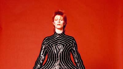 Striped bodysuit for Aladdin Sane tour, 1973, designed by Kansai Yamamoto. Photo: Masayoshi Sukita / The David Bowie Archive