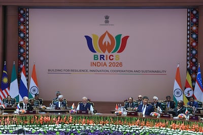 Russian President Vladimir Putin, Indian Prime Minister Narendra Modi, Chinese President Xi Jinping and South African President Cyril Ramaphosa are among leaders at the Brics Summit in New Delhi. EPA