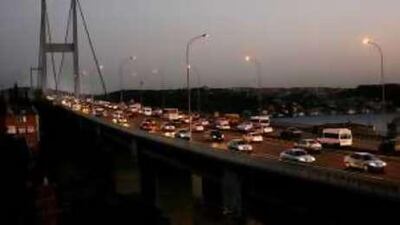 Traffic jams are common on Istanbul's Bosphorus Bridge, one of only two bridges linking the European and Asian shores of the city.