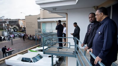 Jackson visits the balcony outside room 306 at the motel where Martin Luther King Jnr was assassinated, on the grounds of the National Civil Rights Museum in Memphis, Tennessee, April 2018. AFP