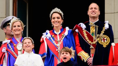 Sophie, Duchess of Edinburgh, Princess Charlotte, Prince Louis, Prince William and Catherine on the balcony of Buckingham Palace following the Coronation of King Charles III on May 6, 2023