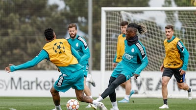 Eduardo Camavinga with teammates Eder Militao, Nacho and Antonio Blanco during training. Getty