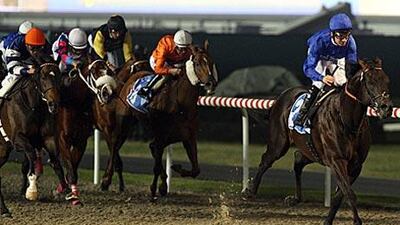Richard Hills rides Godolphin's Sirocco Breeze to victory in Leg II of the Meydan Masters last night.